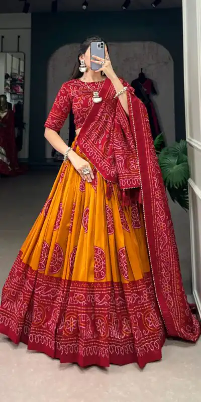 Mustard Tasar Bandhej Lehenga Choli | Lehenga, Bollywood Lehenga, Creative Lehenga, Designer Lehenga, Embroidered Lehenga, Party Wear Lehenga