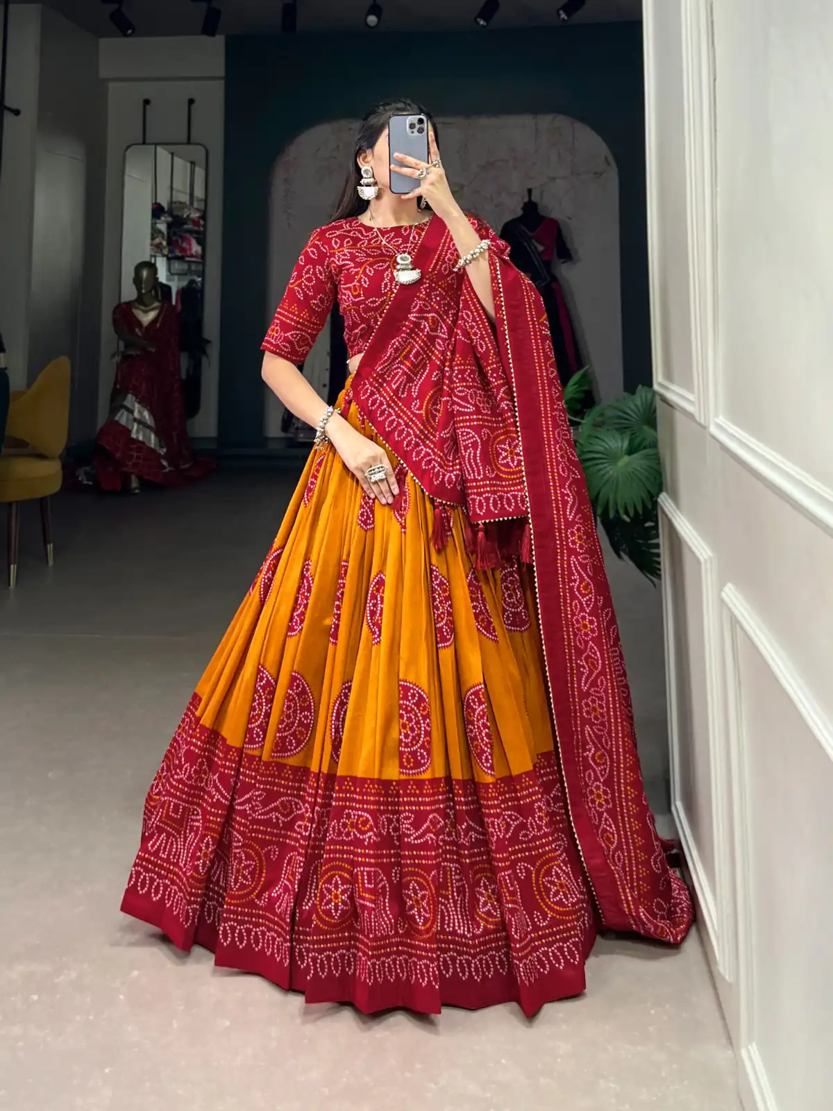 Mustard Tasar Bandhej Lehenga Choli | Lehenga, Bollywood Lehenga, Creative Lehenga, Designer Lehenga, Embroidered Lehenga, Party Wear Lehenga