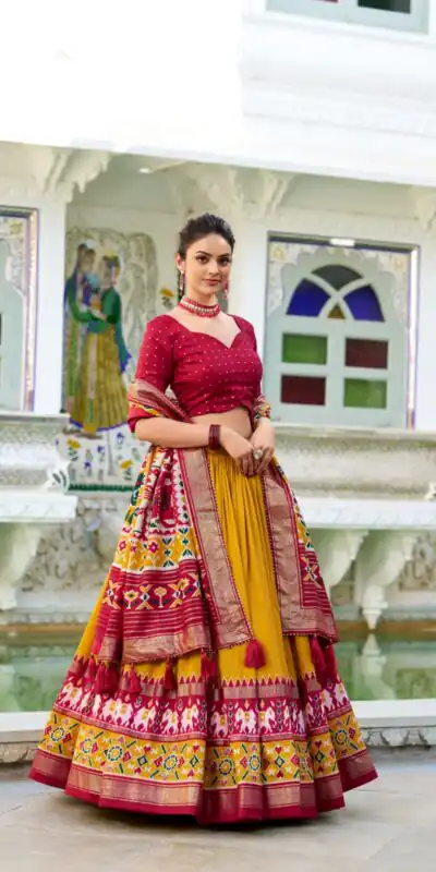 Mustard Tasar Silk Patola Print Gotta Patti Lehenga Choli | Lehenga, Bollywood Lehenga, Creative Lehenga, Designer Lehenga, Embroidered Lehenga, Party Wear Lehenga
