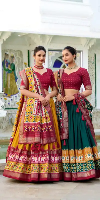 Mustard Tasar Silk Patola Print Gotta Patti Lehenga Choli | Lehenga, Bollywood Lehenga, Creative Lehenga, Designer Lehenga, Embroidered Lehenga, Party Wear Lehenga