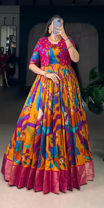 Mustard Taser Silk Zari Work Kalamkari Print Gown | Gowns, Bollywood Gowns, Creative Gowns, Designer Gowns, Embroidered Gowns, Party Wear Gowns