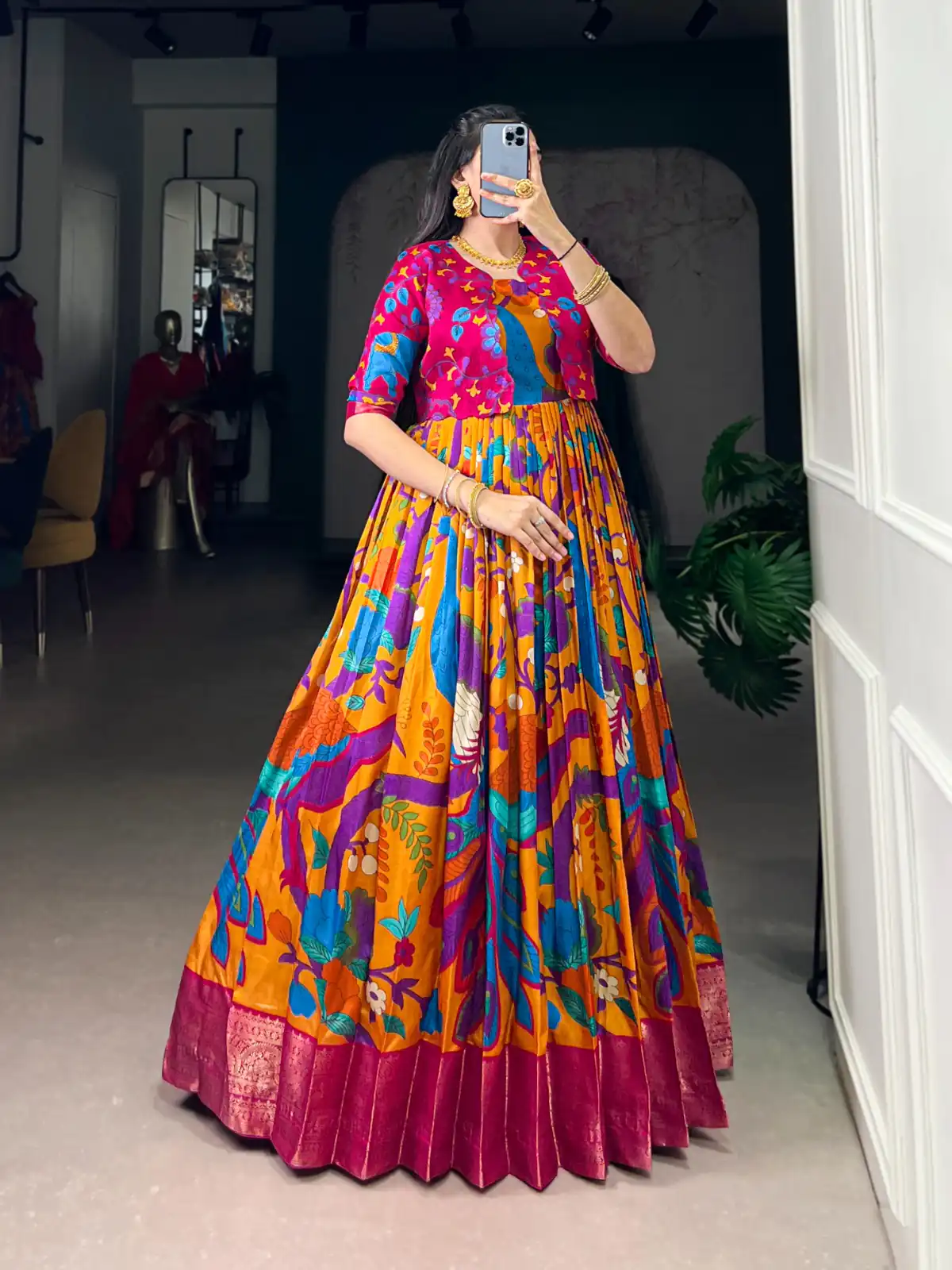 Mustard Taser Silk Zari Work Kalamkari Print Gown | Gowns, Bollywood Gowns, Creative Gowns, Designer Gowns, Embroidered Gowns, Party Wear Gowns