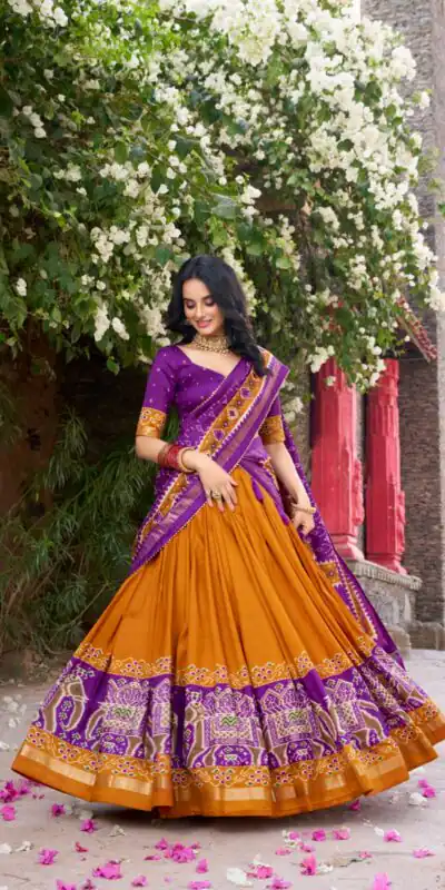 Mustard Tushar Silk Patola Printed Lehenga Choli | Lehenga, Bollywood Lehenga, Creative Lehenga, Designer Lehenga, Embroidered Lehenga, Party Wear Lehenga