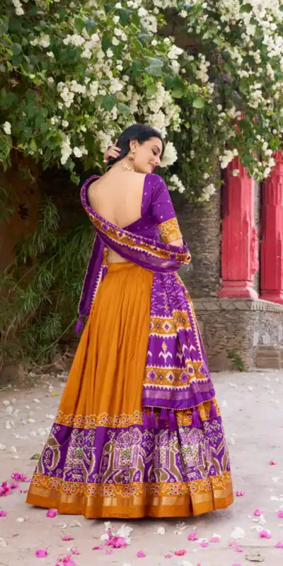 Mustard Tushar Silk Patola Printed Lehenga Choli | Lehenga, Bollywood Lehenga, Creative Lehenga, Designer Lehenga, Embroidered Lehenga, Party Wear Lehenga