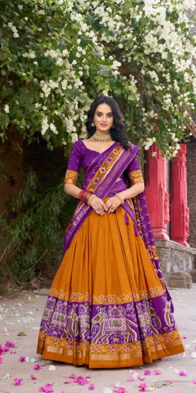 Mustard Tushar Silk Patola Printed Lehenga Choli | Lehenga, Bollywood Lehenga, Creative Lehenga, Designer Lehenga, Embroidered Lehenga, Party Wear Lehenga