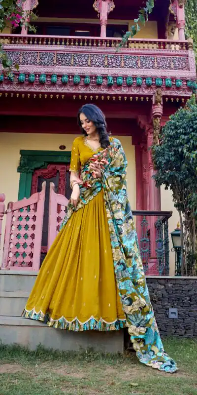 Mustard Vichitra Kalamkari Lehenga Choli | Lehenga, Bollywood Lehenga, Creative Lehenga, Designer Lehenga, Embroidered Lehenga, Party Wear Lehenga