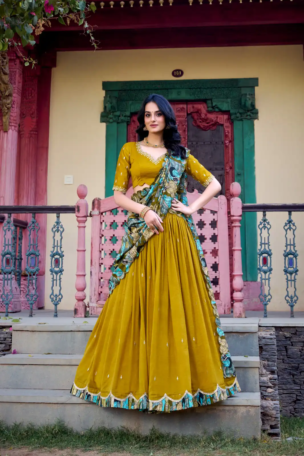 Mustard Vichitra Kalamkari Lehenga Choli | Lehenga, Bollywood Lehenga, Creative Lehenga, Designer Lehenga, Embroidered Lehenga, Party Wear Lehenga