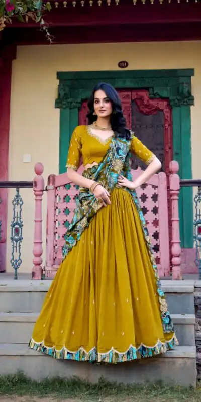 Mustard Vichitra Kalamkari Lehenga Choli | Lehenga, Bollywood Lehenga, Creative Lehenga, Designer Lehenga, Embroidered Lehenga, Party Wear Lehenga