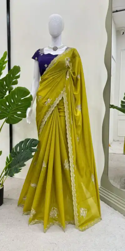 Mustard Yellow Tesla Chiffon Thread Work Saree | Sarees, Bollywood Sarees, Creative Sarees, Designer Sarees, Embroidered Sarees, Ethnic Saree, Modern Digital sarees, Party Wear Sarees
