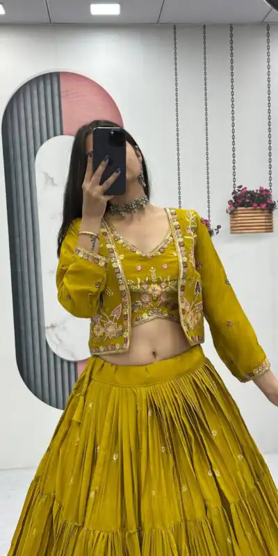 Mustered Chinon Thread Embroidery Lehenga Choli | Lehenga, Bollywood Lehenga, Creative Lehenga, Designer Lehenga, Embroidered Lehenga, Party Wear Lehenga