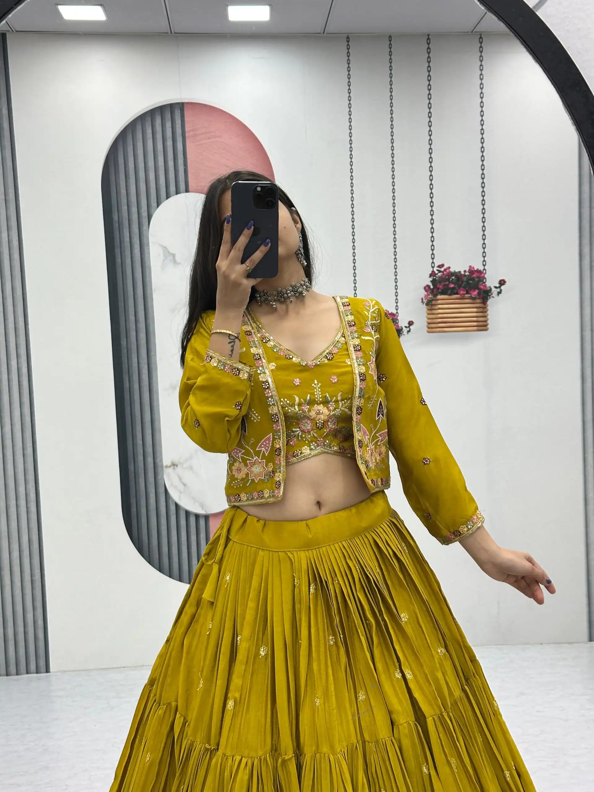 Mustered Chinon Thread Embroidery Lehenga Choli | Lehenga, Bollywood Lehenga, Creative Lehenga, Designer Lehenga, Embroidered Lehenga, Party Wear Lehenga
