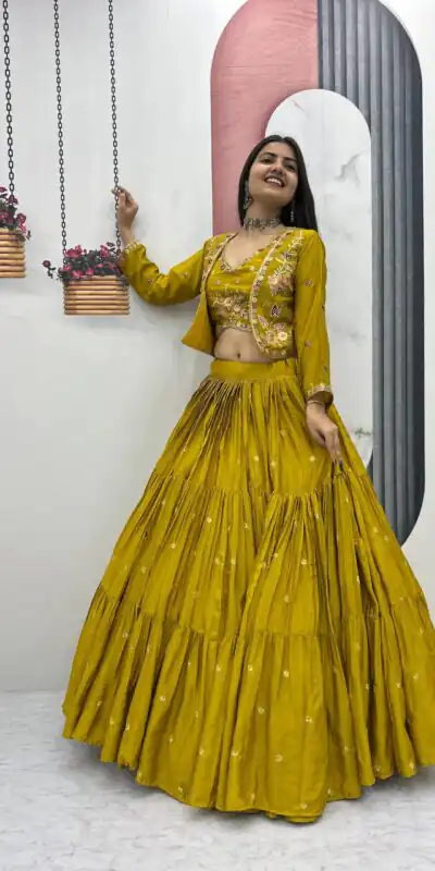 Mustered Chinon Thread Embroidery Lehenga Choli | Lehenga, Bollywood Lehenga, Creative Lehenga, Designer Lehenga, Embroidered Lehenga, Party Wear Lehenga