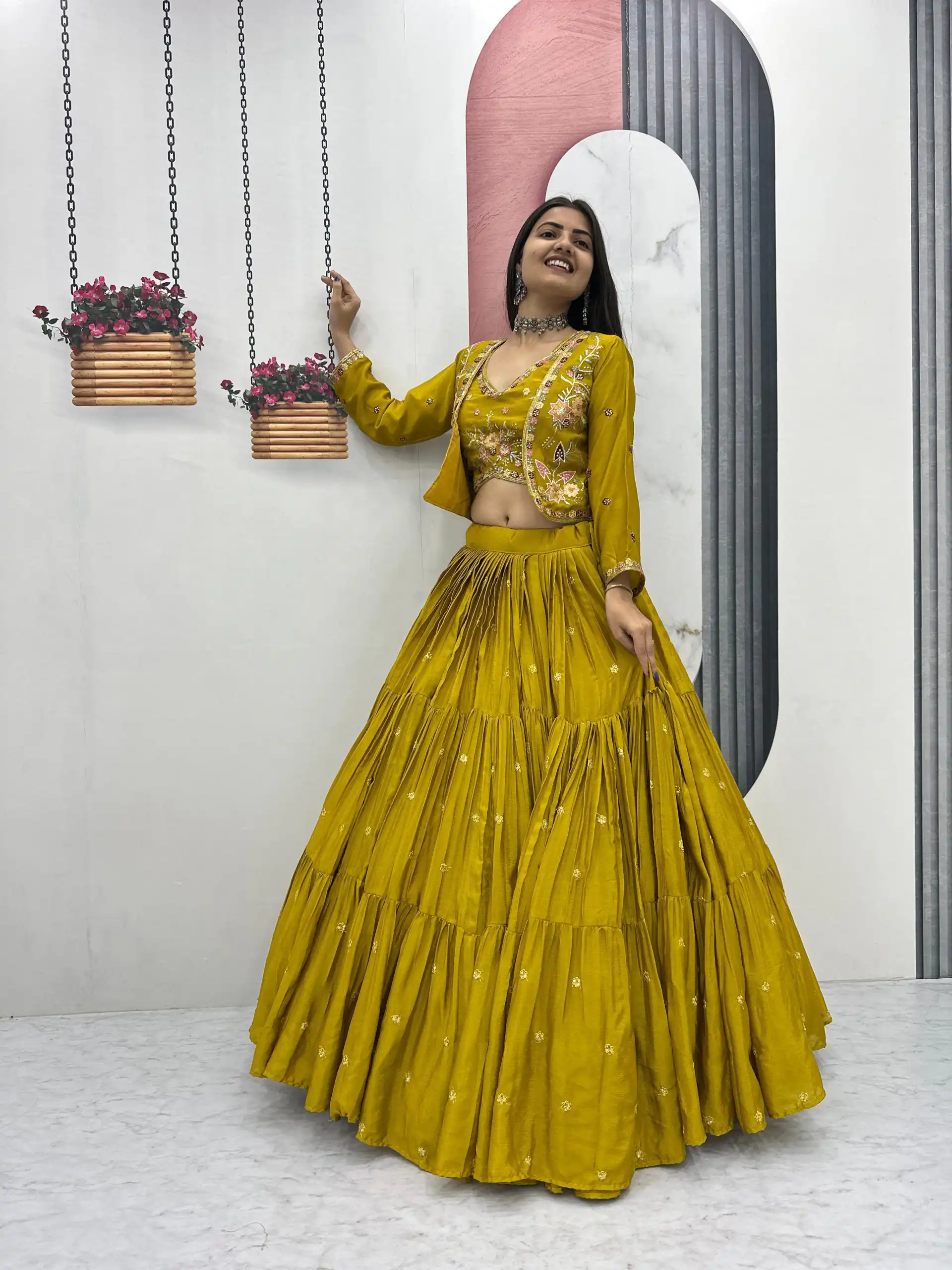 Mustered Chinon Thread Embroidery Lehenga Choli | Lehenga, Bollywood Lehenga, Creative Lehenga, Designer Lehenga, Embroidered Lehenga, Party Wear Lehenga
