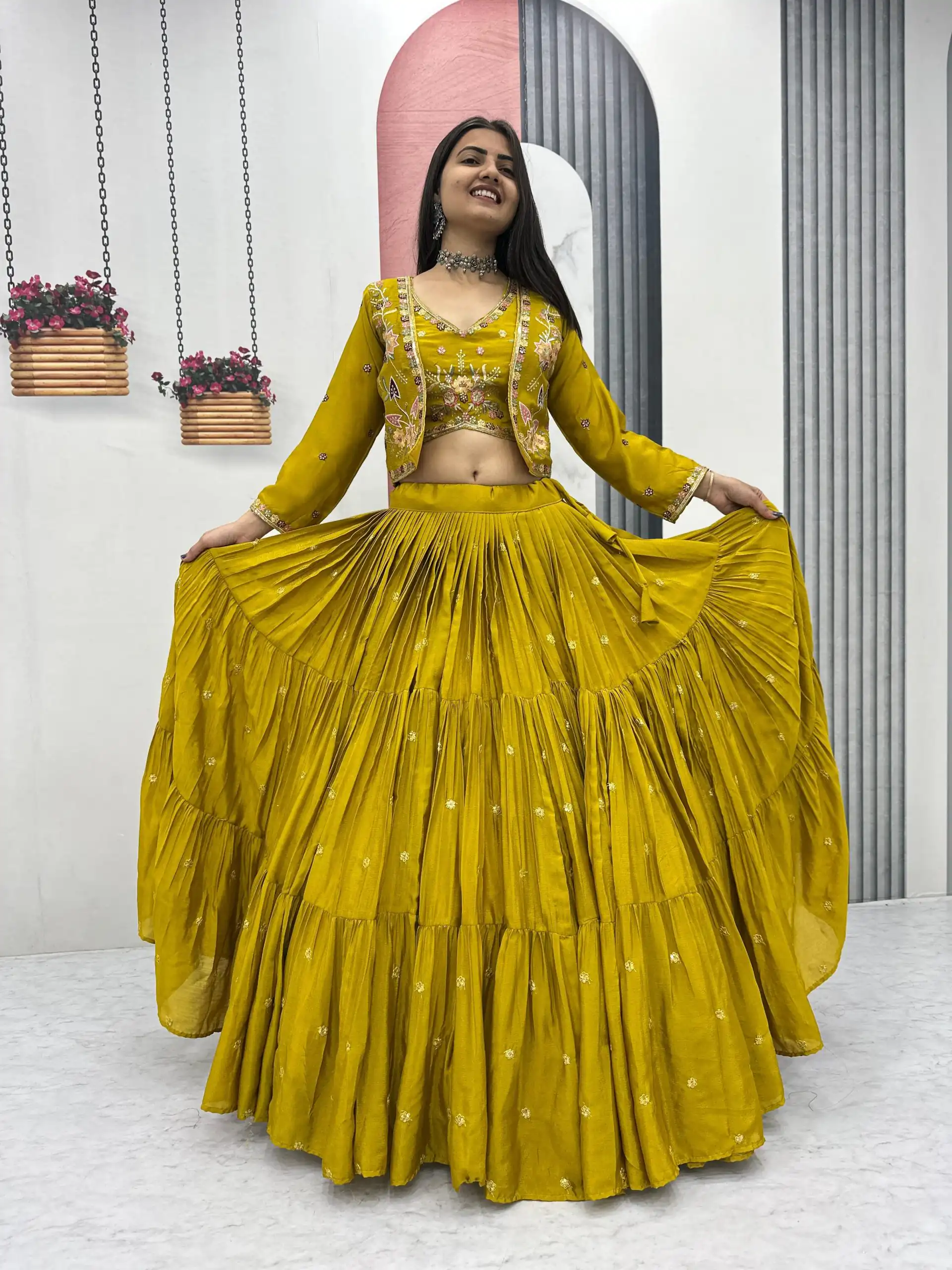 Mustered Chinon Thread Embroidery Lehenga Choli | Lehenga, Bollywood Lehenga, Creative Lehenga, Designer Lehenga, Embroidered Lehenga, Party Wear Lehenga