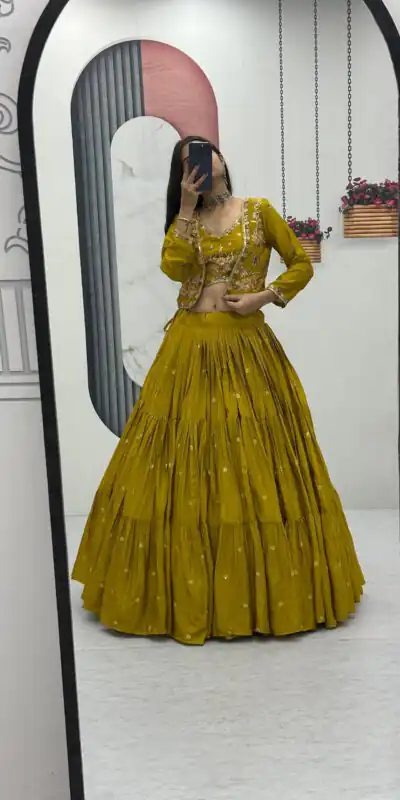 Mustered Chinon Thread Embroidery Lehenga Choli | Lehenga, Bollywood Lehenga, Creative Lehenga, Designer Lehenga, Embroidered Lehenga, Party Wear Lehenga
