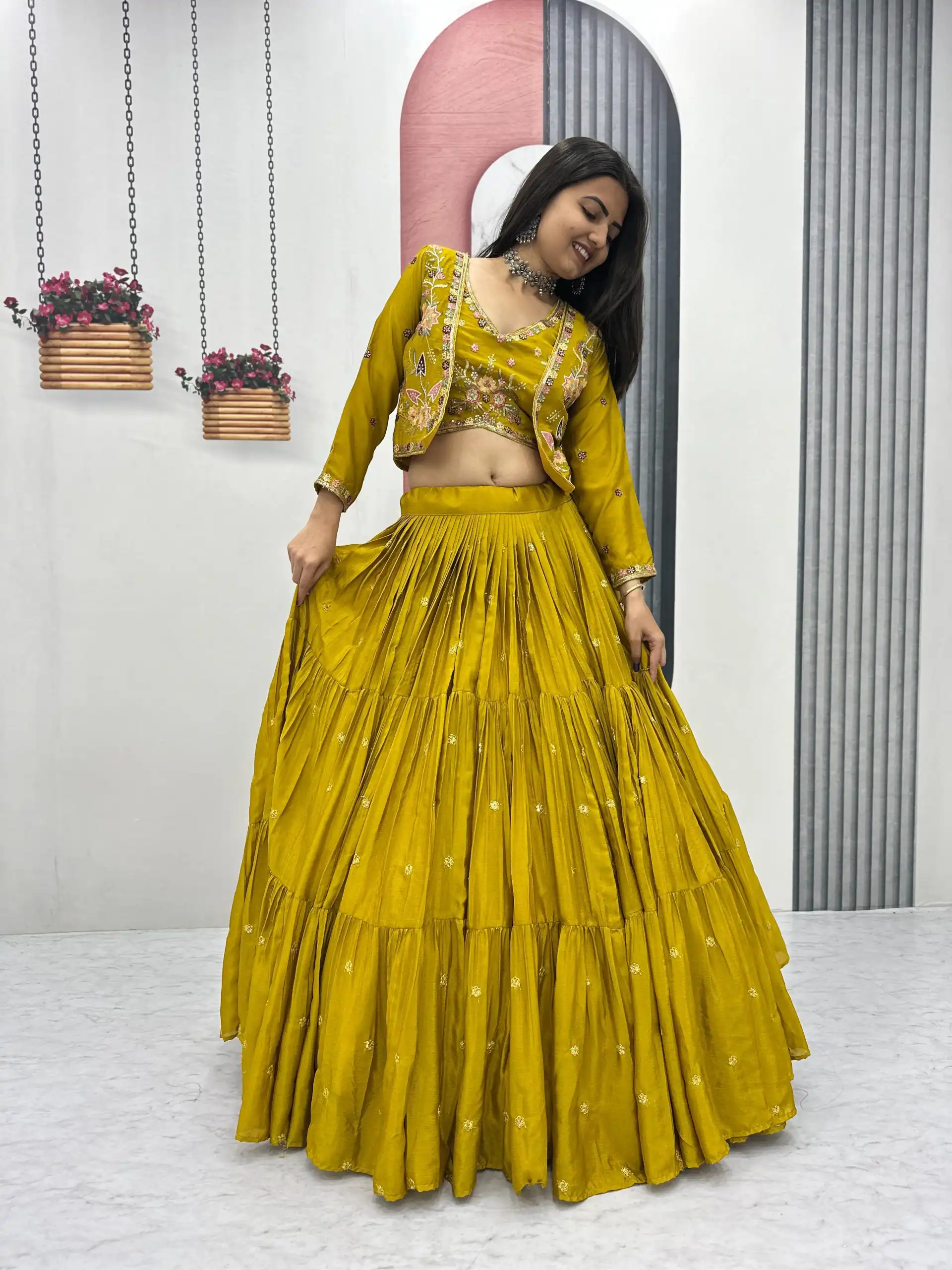 Mustered Chinon Thread Embroidery Lehenga Choli | Lehenga, Bollywood Lehenga, Creative Lehenga, Designer Lehenga, Embroidered Lehenga, Party Wear Lehenga