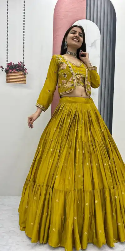 Mustered Chinon Thread Embroidery Lehenga Choli | Lehenga, Bollywood Lehenga, Creative Lehenga, Designer Lehenga, Embroidered Lehenga, Party Wear Lehenga