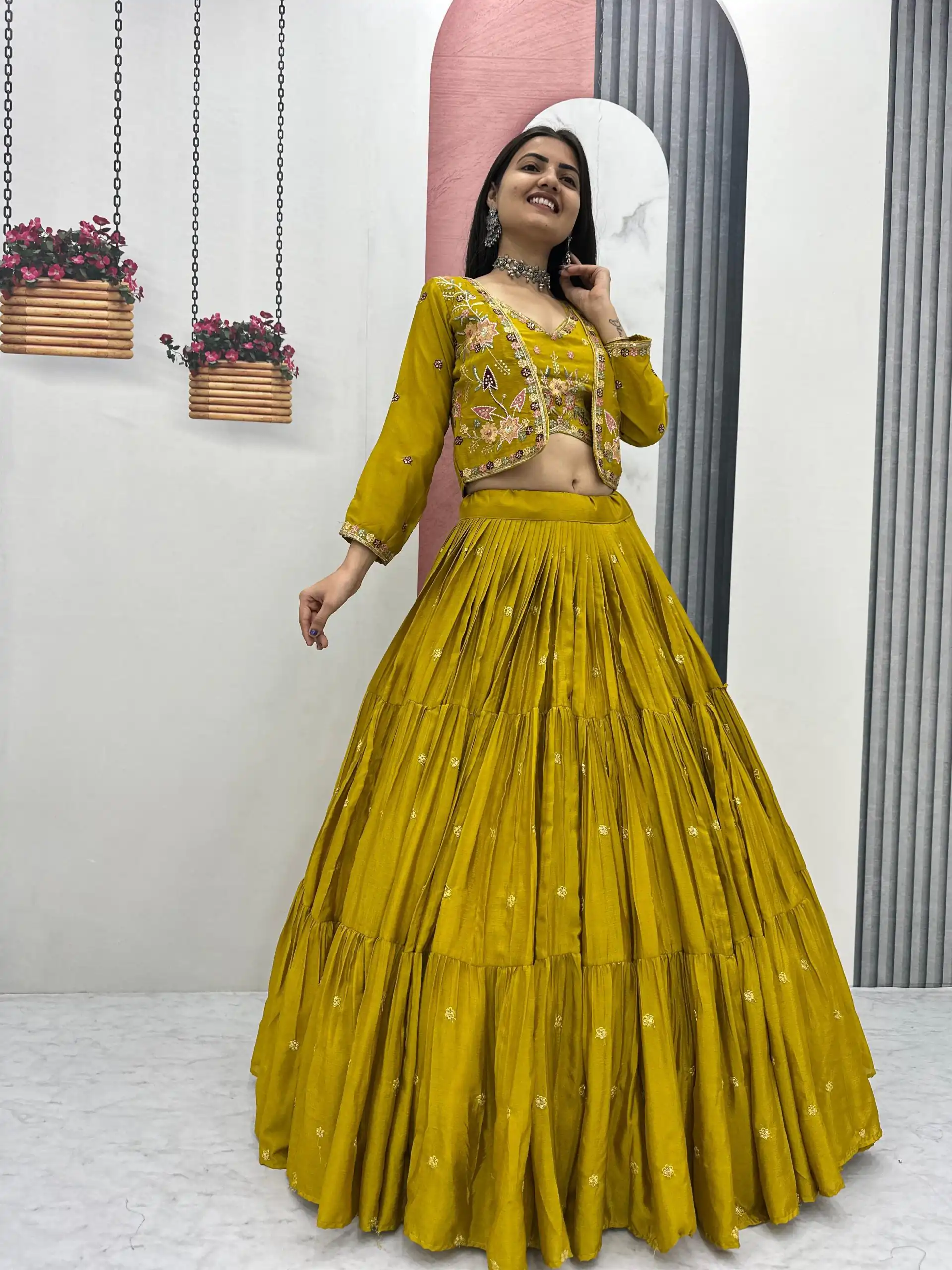 Mustered Chinon Thread Embroidery Lehenga Choli | Lehenga, Bollywood Lehenga, Creative Lehenga, Designer Lehenga, Embroidered Lehenga, Party Wear Lehenga