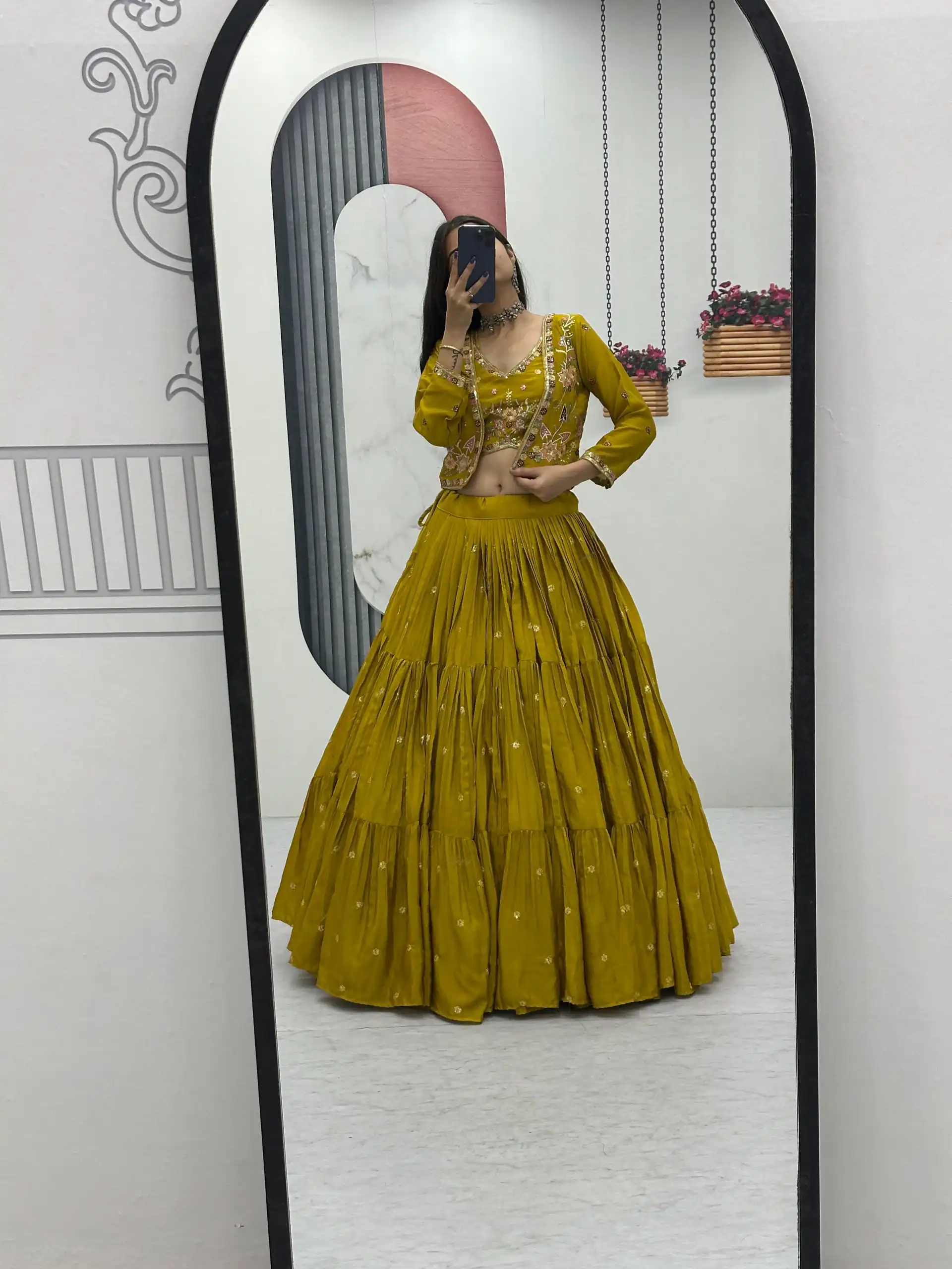 Mustered Chinon Thread Embroidery Lehenga Choli | Lehenga, Bollywood Lehenga, Creative Lehenga, Designer Lehenga, Embroidered Lehenga, Party Wear Lehenga