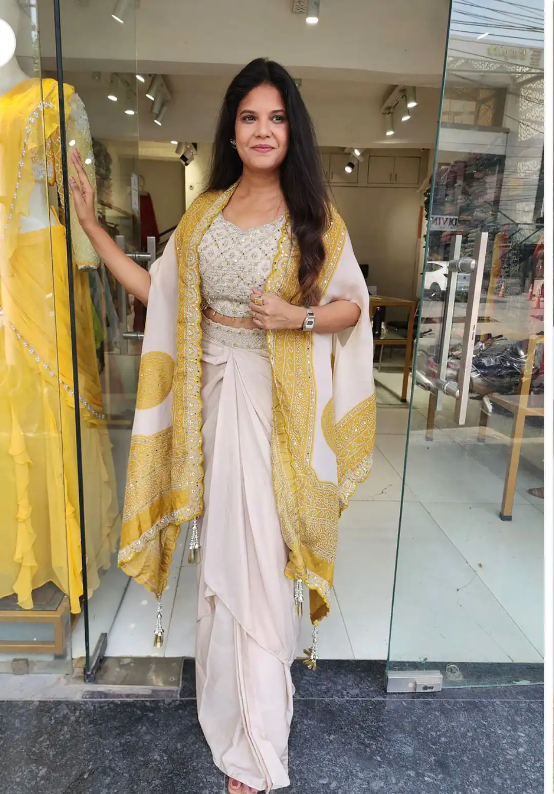 Mustered Crap Silk Embroidery Mirror Work Dhoti Suit | Jump Suits, Salwar suit, Casual Suits, Creative suits, Designer Suits, Palazzo Suits, Party Wear Suits, Patiala Suits, Straight Suits