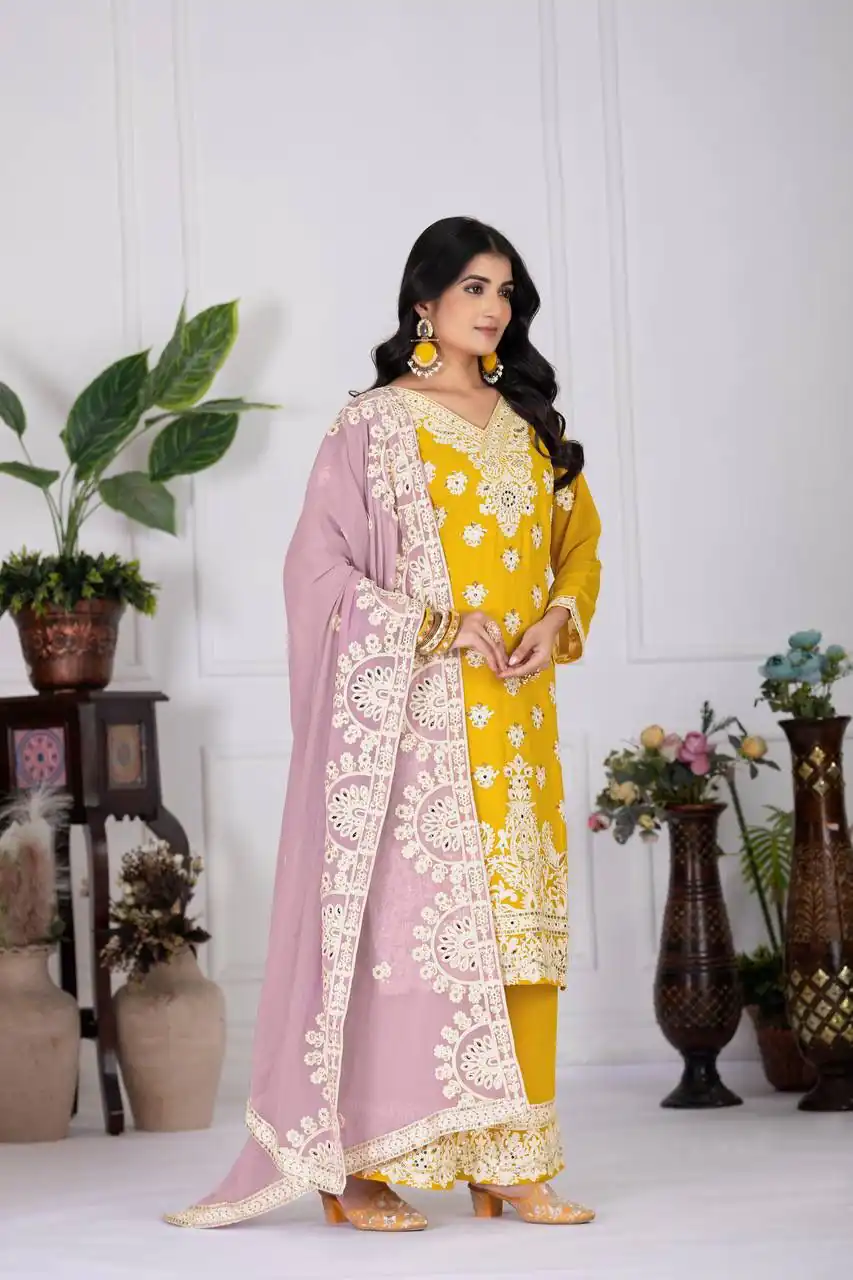 Mustered Faux Georgette With Embroider Salwar Suit | Jump Suits, Salwar suit, Casual Suits, Creative suits, Designer Suits, Palazzo Suits, Party Wear Suits, Patiala Suits, Straight Suits