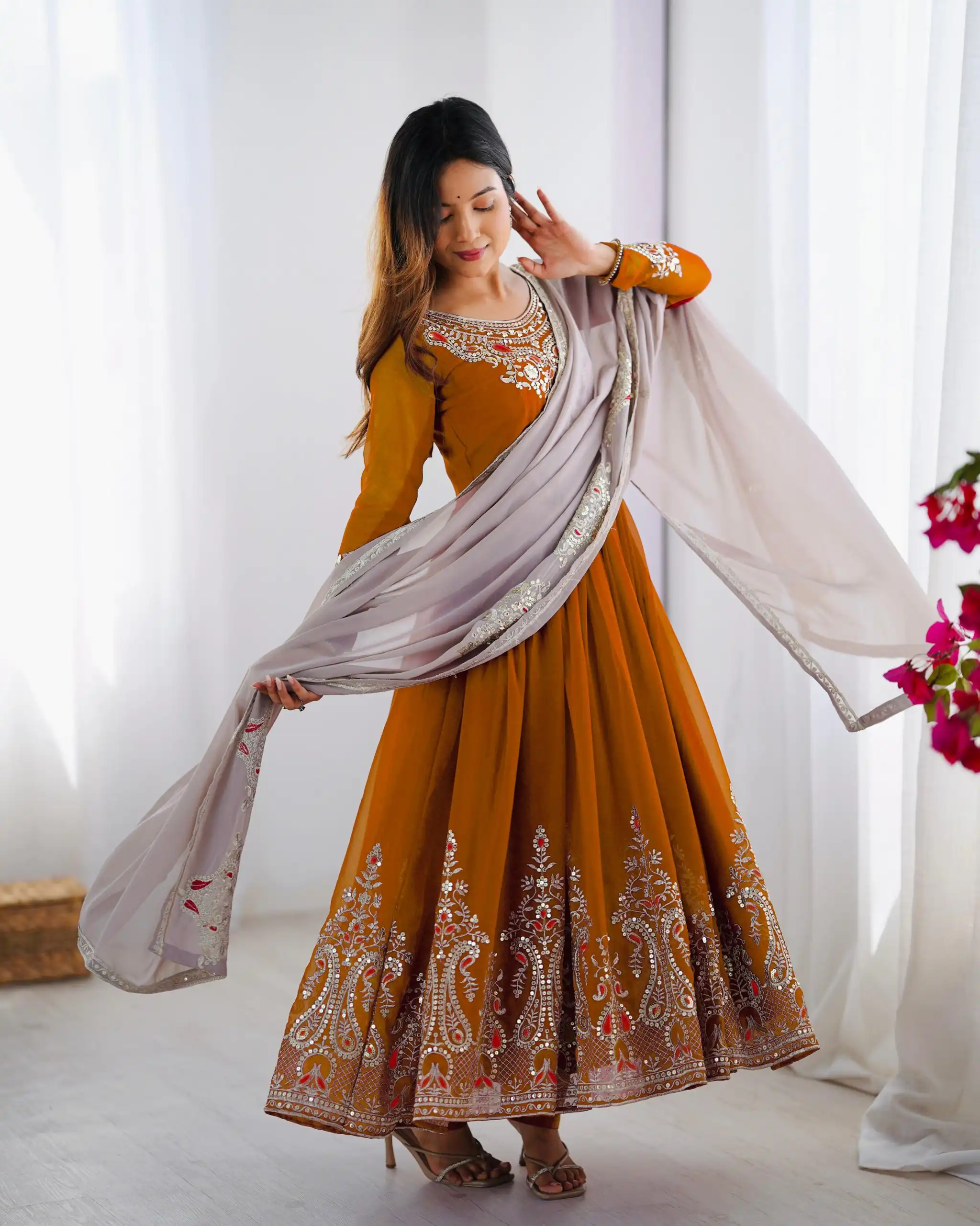 Mustered Georgette With Embroidery Work Gown | Jump Suits, Salwar suit, Casual Suits, Creative suits, Designer Suits, Palazzo Suits, Party Wear Suits, Patiala Suits, Straight Suits