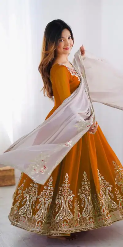 Mustered Georgette With Embroidery Work Gown | Jump Suits, Salwar suit, Casual Suits, Creative suits, Designer Suits, Palazzo Suits, Party Wear Suits, Patiala Suits, Straight Suits