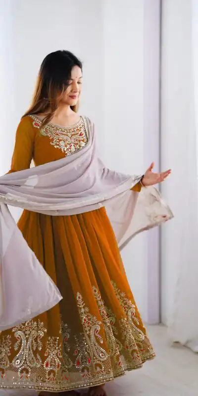 Mustered Georgette With Embroidery Work Gown | Jump Suits, Salwar suit, Casual Suits, Creative suits, Designer Suits, Palazzo Suits, Party Wear Suits, Patiala Suits, Straight Suits