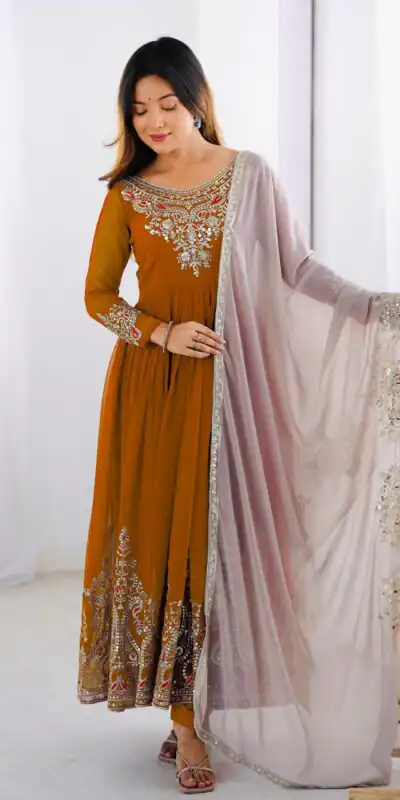 Mustered Georgette With Embroidery Work Gown | Jump Suits, Salwar suit, Casual Suits, Creative suits, Designer Suits, Palazzo Suits, Party Wear Suits, Patiala Suits, Straight Suits