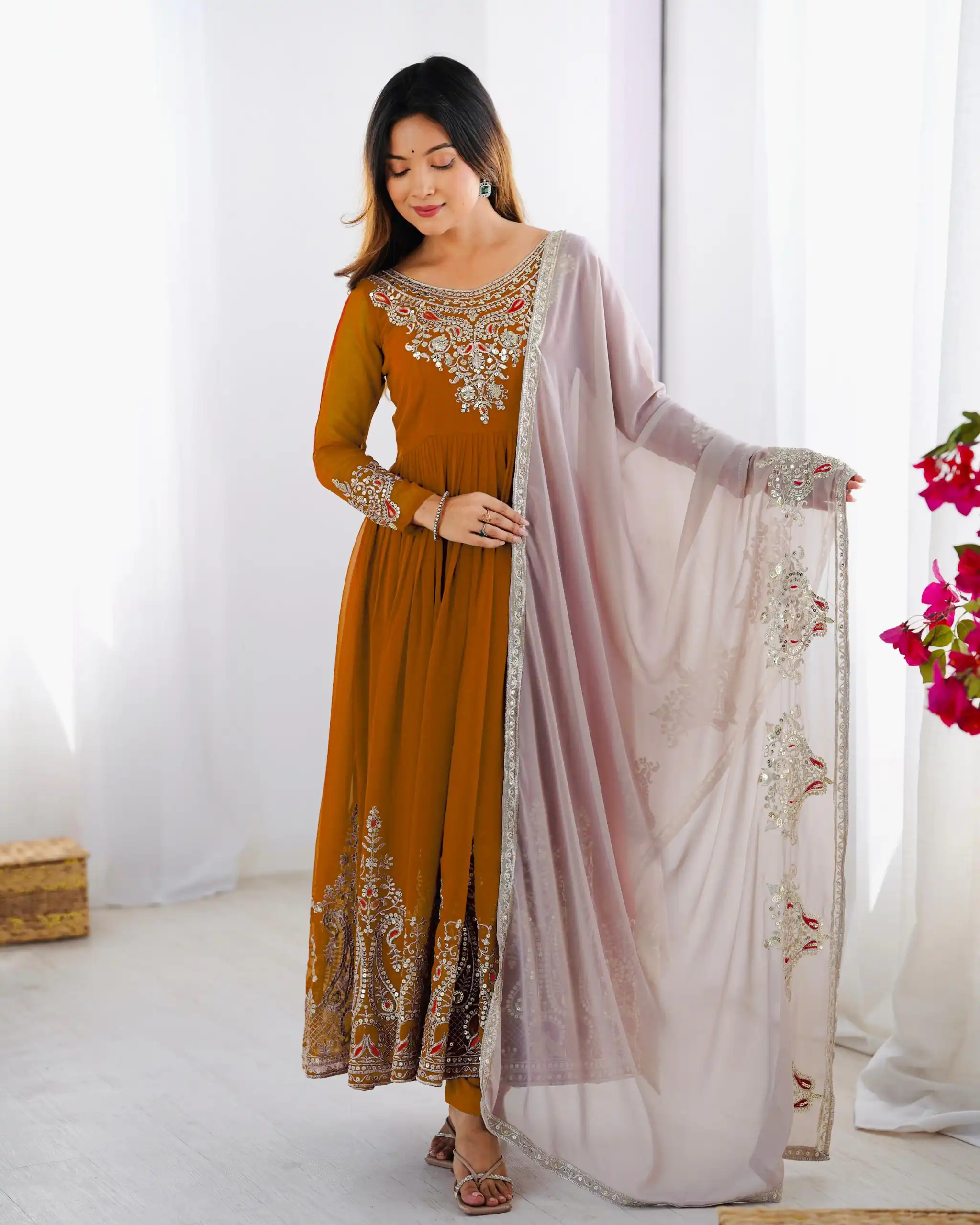 Mustered Georgette With Embroidery Work Gown | Jump Suits, Salwar suit, Casual Suits, Creative suits, Designer Suits, Palazzo Suits, Party Wear Suits, Patiala Suits, Straight Suits