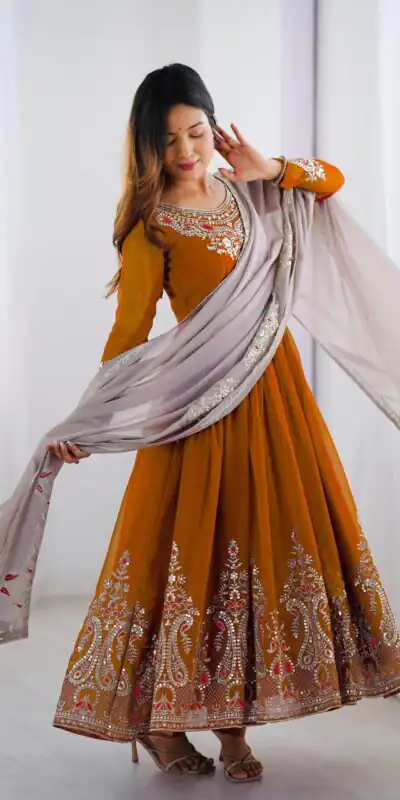 Mustered Georgette With Embroidery Work Gown | Jump Suits, Salwar suit, Casual Suits, Creative suits, Designer Suits, Palazzo Suits, Party Wear Suits, Patiala Suits, Straight Suits