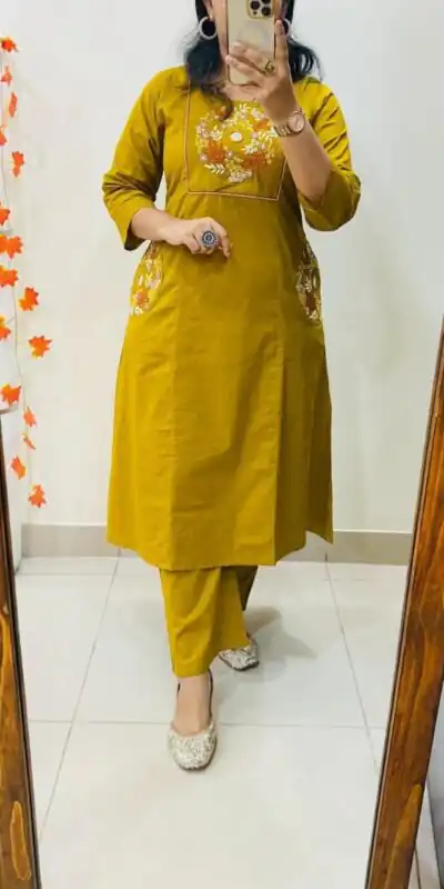 Mustered Soft Cotton Slub Embroidery Work Kurti | Kurti, Bollywood Kurti, Creative Kurtis, Designer Kurti, Party Wear Kurti, Selfie Kurti