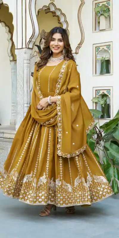 Mustered Star Georgette Embroidery Work Gown | Jump Suits, Salwar suit, Casual Suits, Creative suits, Designer Suits, Palazzo Suits, Party Wear Suits, Patiala Suits, Straight Suits