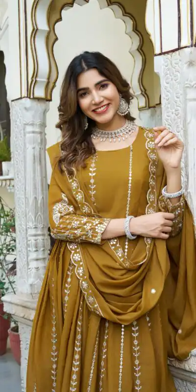 Mustered Star Georgette Embroidery Work Gown | Jump Suits, Salwar suit, Casual Suits, Creative suits, Designer Suits, Palazzo Suits, Party Wear Suits, Patiala Suits, Straight Suits