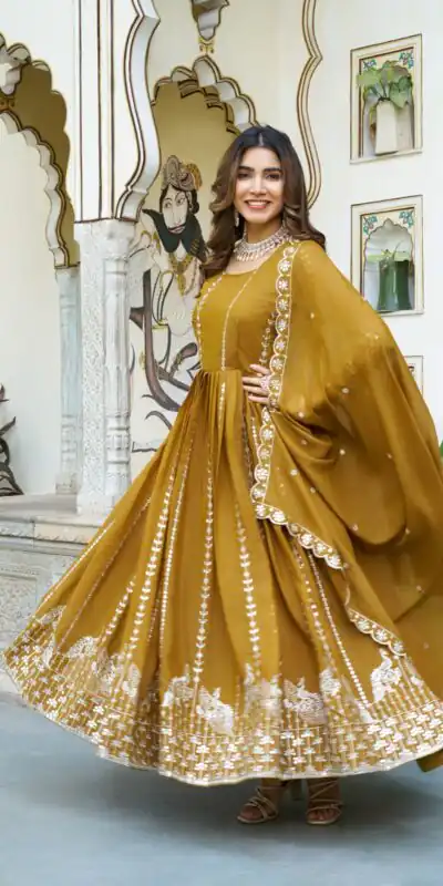 Mustered Star Georgette Embroidery Work Gown | Jump Suits, Salwar suit, Casual Suits, Creative suits, Designer Suits, Palazzo Suits, Party Wear Suits, Patiala Suits, Straight Suits