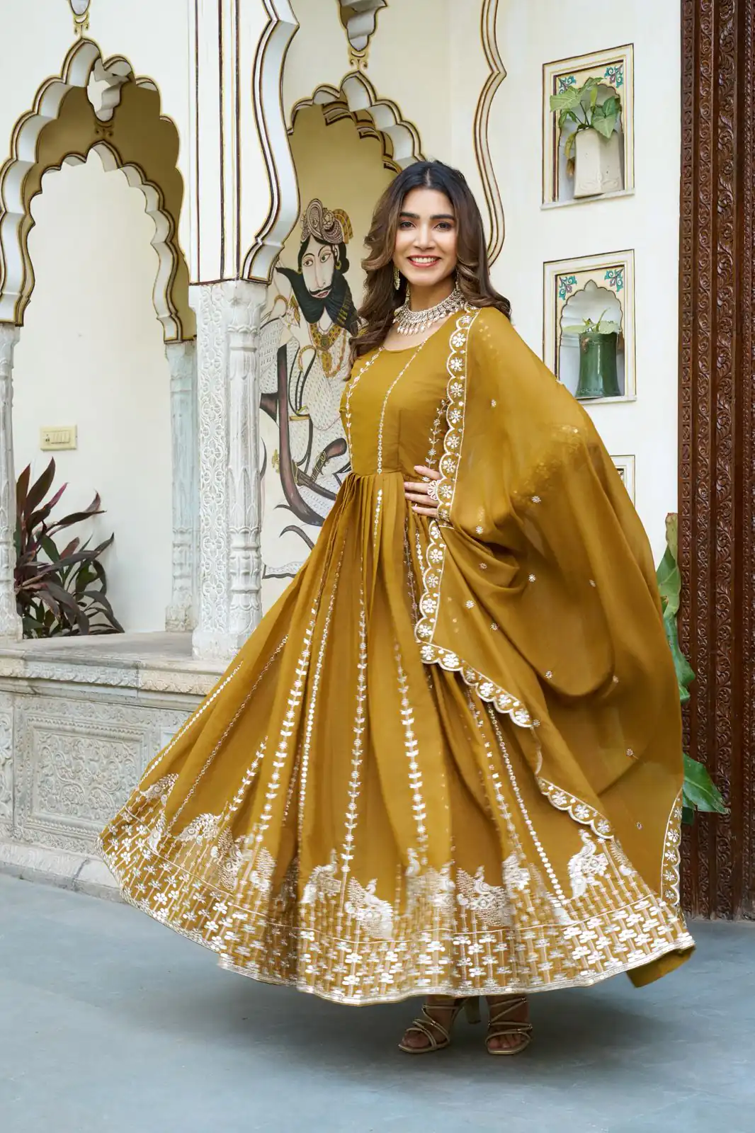 Mustered Star Georgette Embroidery Work Gown | Jump Suits, Salwar suit, Casual Suits, Creative suits, Designer Suits, Palazzo Suits, Party Wear Suits, Patiala Suits, Straight Suits