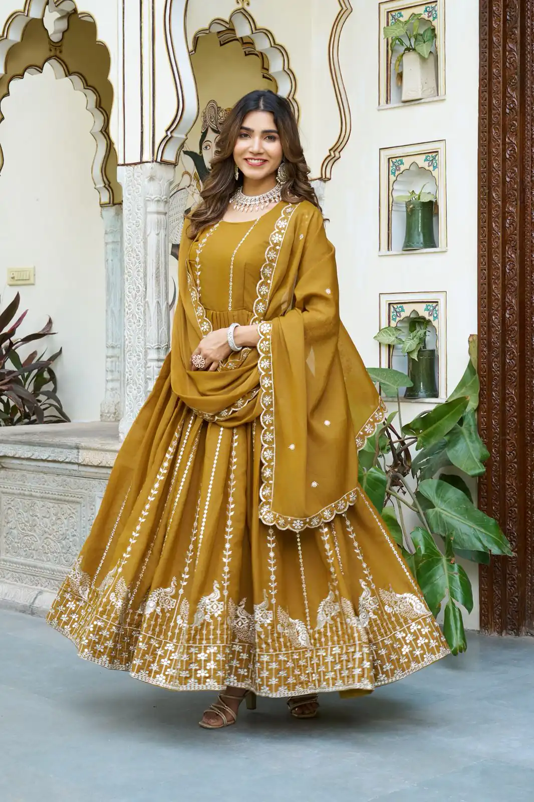 Mustered Star Georgette Embroidery Work Gown | Jump Suits, Salwar suit, Casual Suits, Creative suits, Designer Suits, Palazzo Suits, Party Wear Suits, Patiala Suits, Straight Suits