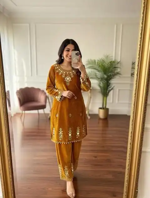Mustered Velvet Embroidery Mirror Work Salwar Suit | Jump Suits, Salwar suit, Casual Suits, Creative suits, Designer Suits, Palazzo Suits, Party Wear Suits, Patiala Suits, Straight Suits