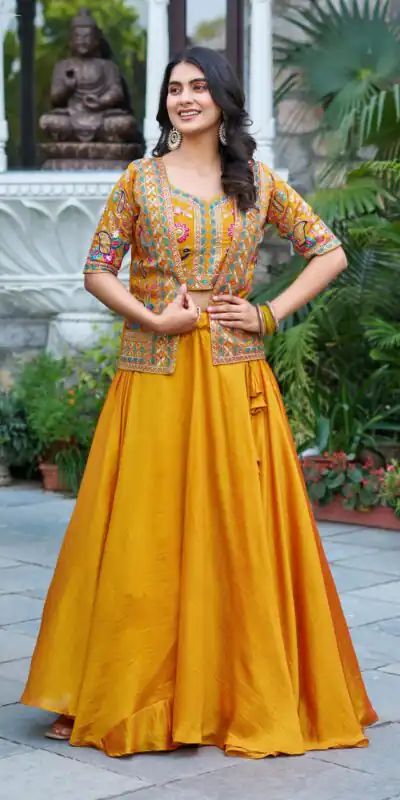 Mustered Vichitra Embroidery Thread Work Lehenga Choli | Lehenga, Bollywood Lehenga, Creative Lehenga, Designer Lehenga, Embroidered Lehenga, Party Wear Lehenga