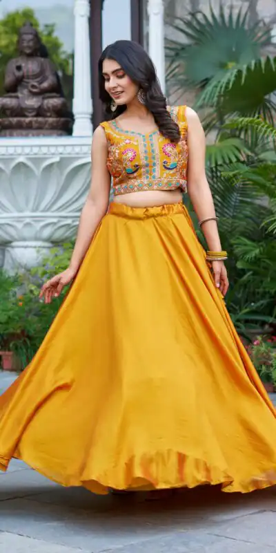 Mustered Vichitra Embroidery Thread Work Lehenga Choli | Lehenga, Bollywood Lehenga, Creative Lehenga, Designer Lehenga, Embroidered Lehenga, Party Wear Lehenga