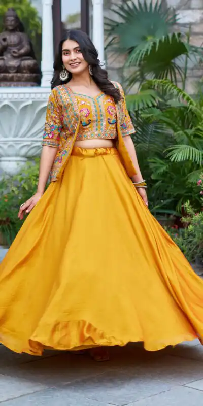 Mustered Vichitra Embroidery Thread Work Lehenga Choli | Lehenga, Bollywood Lehenga, Creative Lehenga, Designer Lehenga, Embroidered Lehenga, Party Wear Lehenga