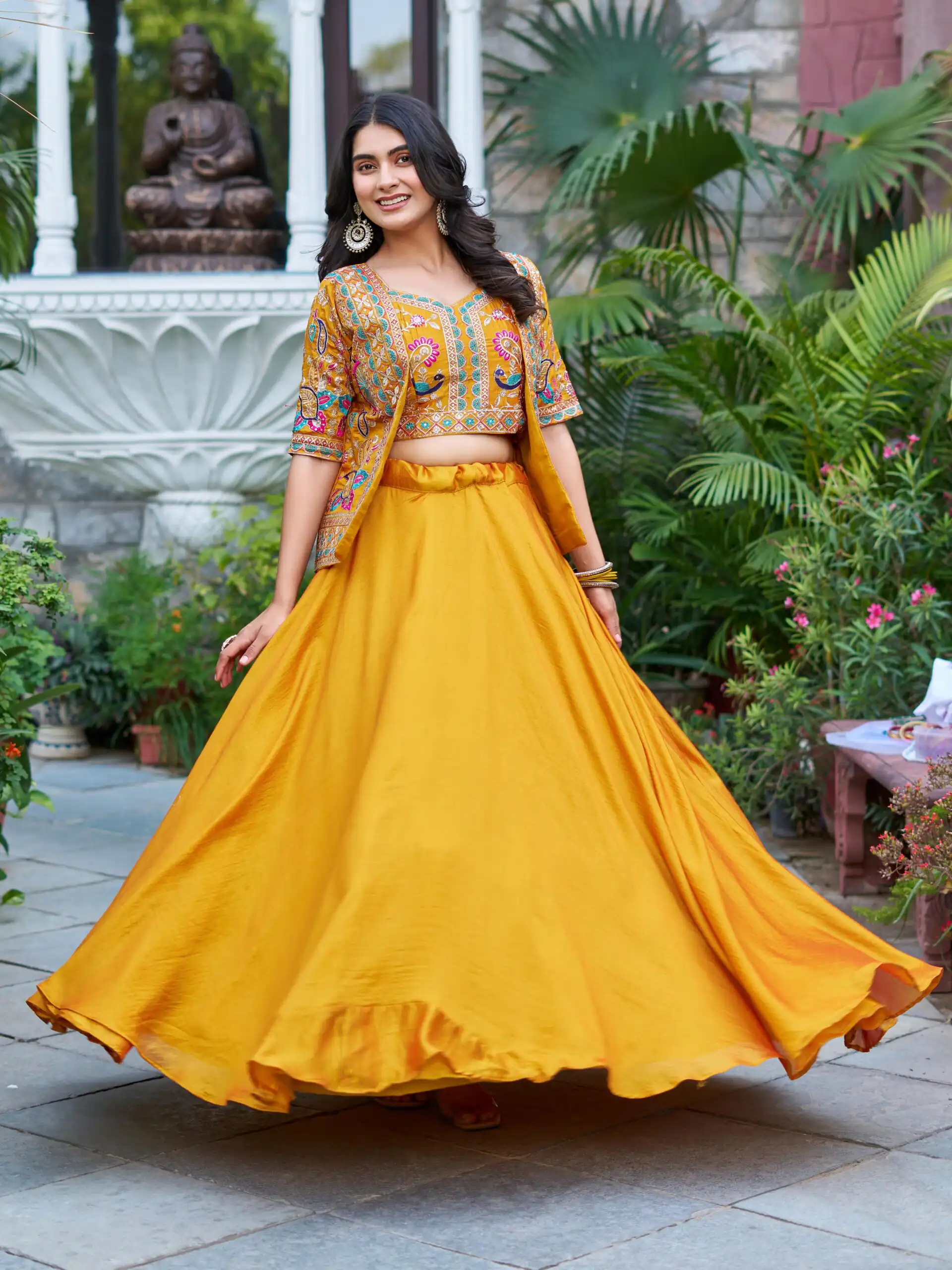 Mustered Vichitra Embroidery Thread Work Lehenga Choli | Lehenga, Bollywood Lehenga, Creative Lehenga, Designer Lehenga, Embroidered Lehenga, Party Wear Lehenga