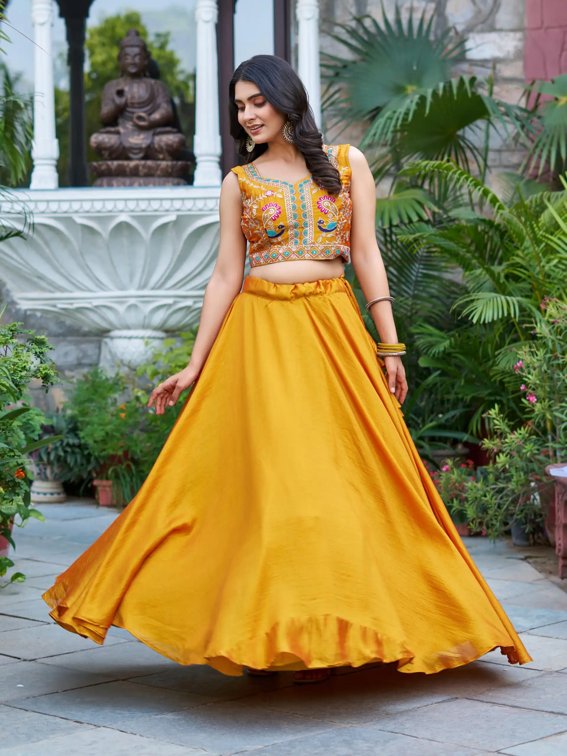 Mustered Vichitra Embroidery Thread Work Lehenga Choli | Lehenga, Bollywood Lehenga, Creative Lehenga, Designer Lehenga, Embroidered Lehenga, Party Wear Lehenga
