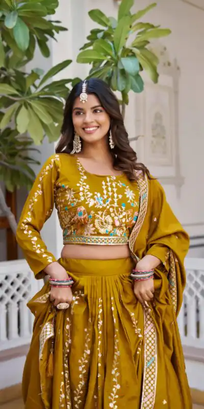 Mustered Vichitra Embroidery Work Lehenga Choli | Lehenga, Bollywood Lehenga, Creative Lehenga, Designer Lehenga, Embroidered Lehenga, Party Wear Lehenga