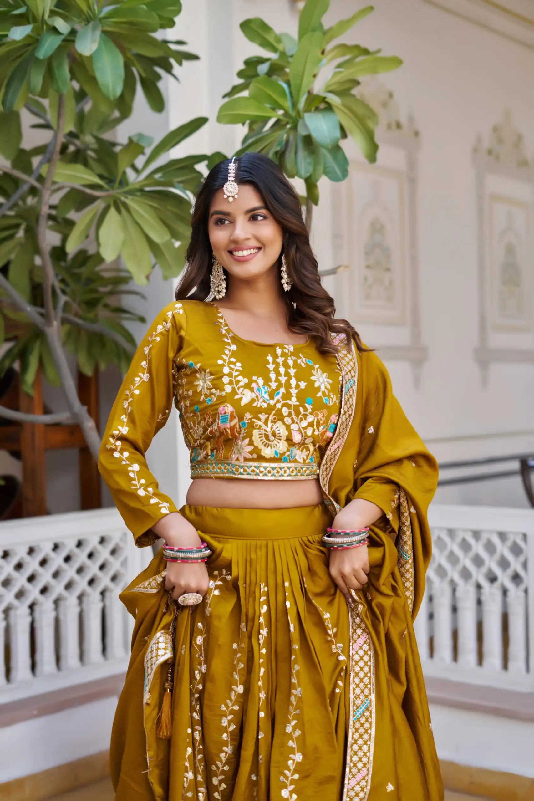 Mustered Vichitra Embroidery Work Lehenga Choli | Lehenga, Bollywood Lehenga, Creative Lehenga, Designer Lehenga, Embroidered Lehenga, Party Wear Lehenga