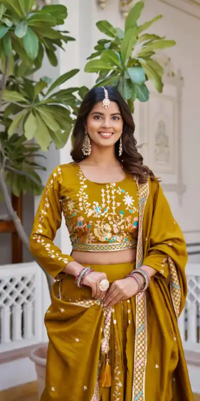 Mustered Vichitra Embroidery Work Lehenga Choli | Lehenga, Bollywood Lehenga, Creative Lehenga, Designer Lehenga, Embroidered Lehenga, Party Wear Lehenga