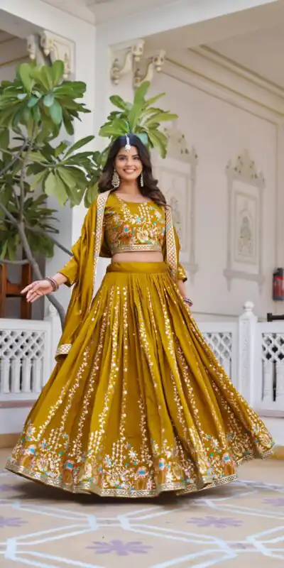 Mustered Vichitra Embroidery Work Lehenga Choli | Lehenga, Bollywood Lehenga, Creative Lehenga, Designer Lehenga, Embroidered Lehenga, Party Wear Lehenga