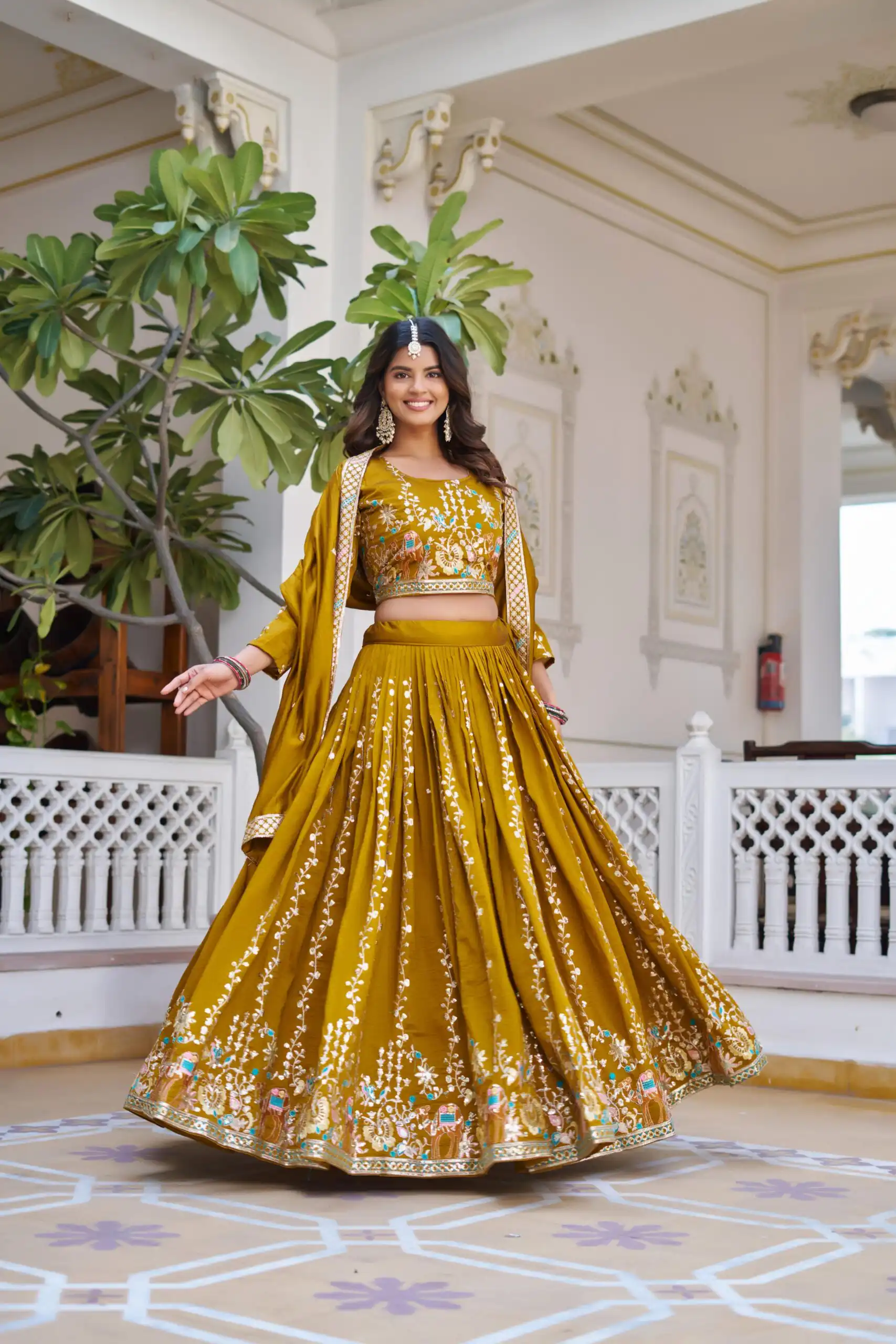 Mustered Vichitra Embroidery Work Lehenga Choli | Lehenga, Bollywood Lehenga, Creative Lehenga, Designer Lehenga, Embroidered Lehenga, Party Wear Lehenga