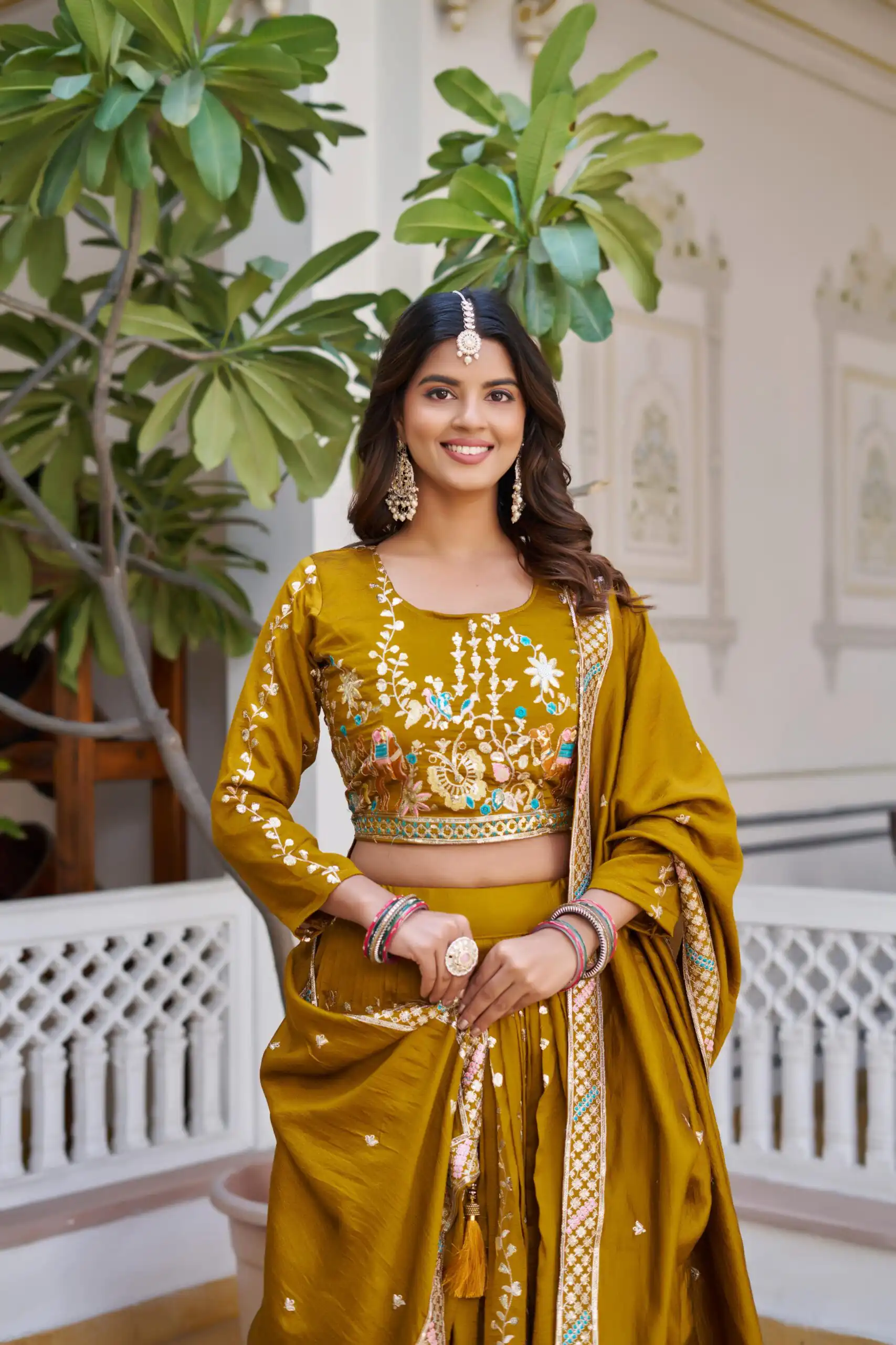 Mustered Vichitra Embroidery Work Lehenga Choli | Lehenga, Bollywood Lehenga, Creative Lehenga, Designer Lehenga, Embroidered Lehenga, Party Wear Lehenga