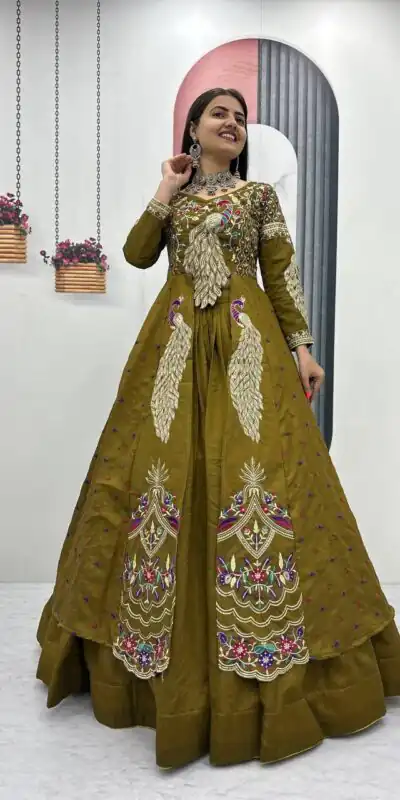 Mustered Vichitra Sequence Work Lehenga Choli | Lehenga, Bollywood Lehenga, Creative Lehenga, Designer Lehenga, Embroidered Lehenga, Party Wear Lehenga